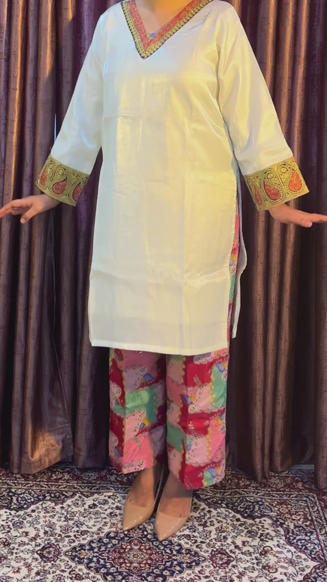 Ivory Silk Tunic with Vibrant Patchwork Trousers