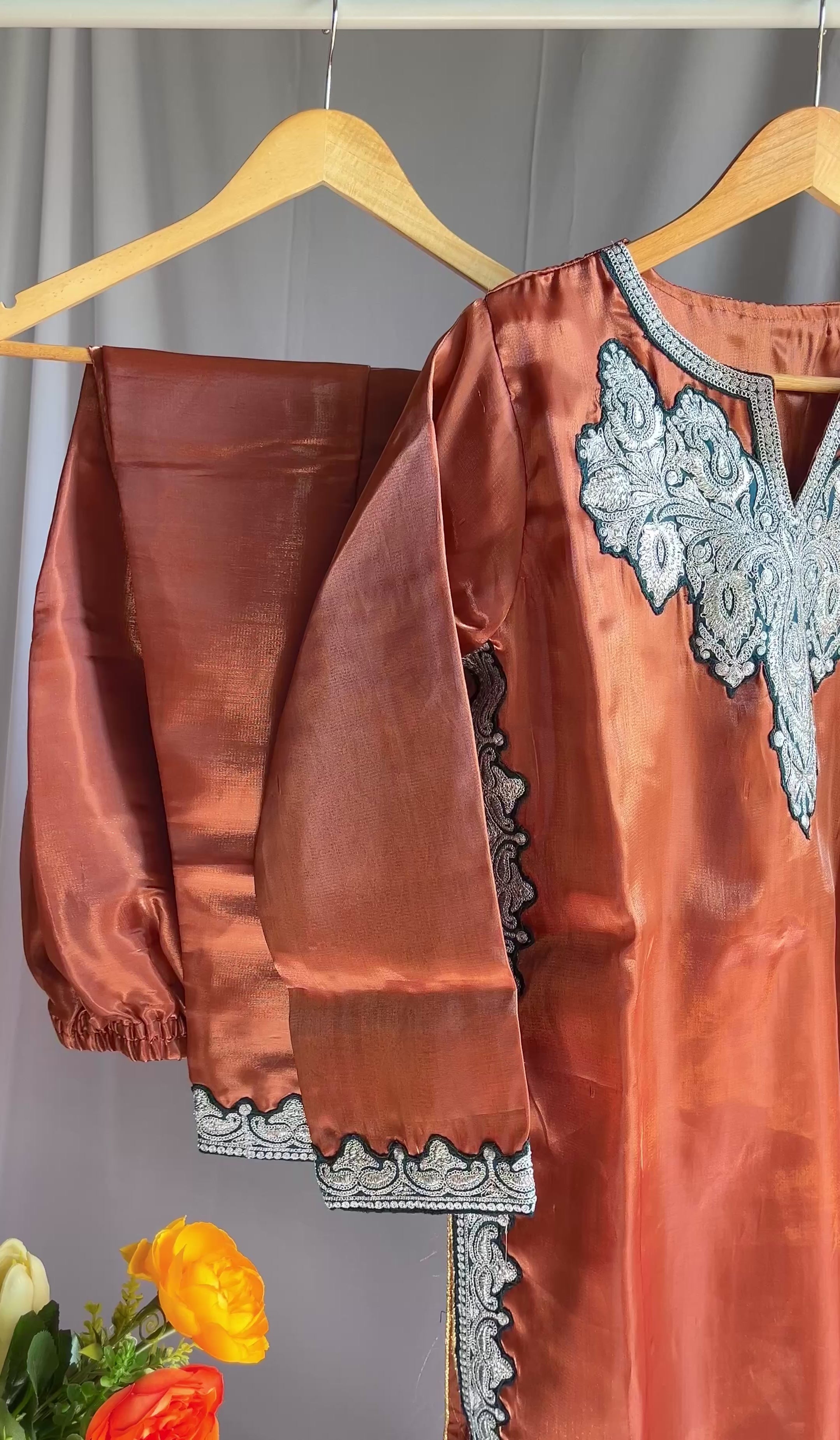 Copper Metallic Embroidered Kashmiri kurta set