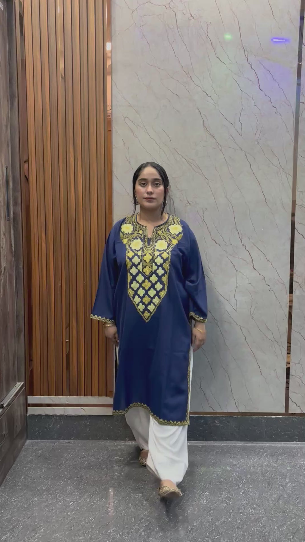 Kashmiri Ari Embroidered light Navy blue long Cotton kurti