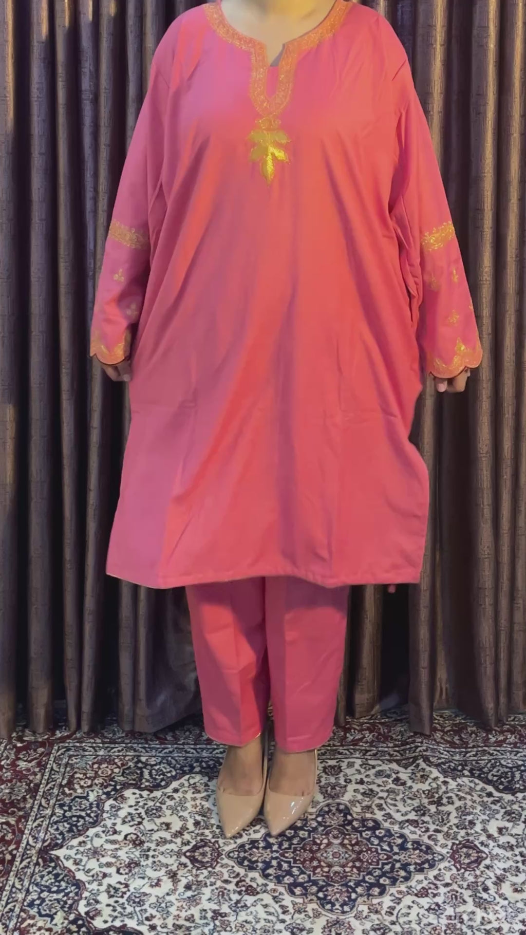 Fuchsia Pink Tilla Embroidered Kashmiri Cotton Pheran/Kurta Set