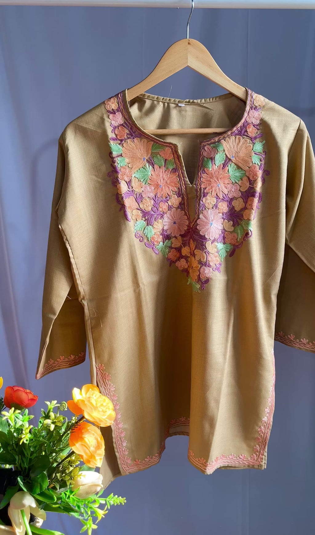 Kashmiri Ari embroidered Brown short Cotton kurti