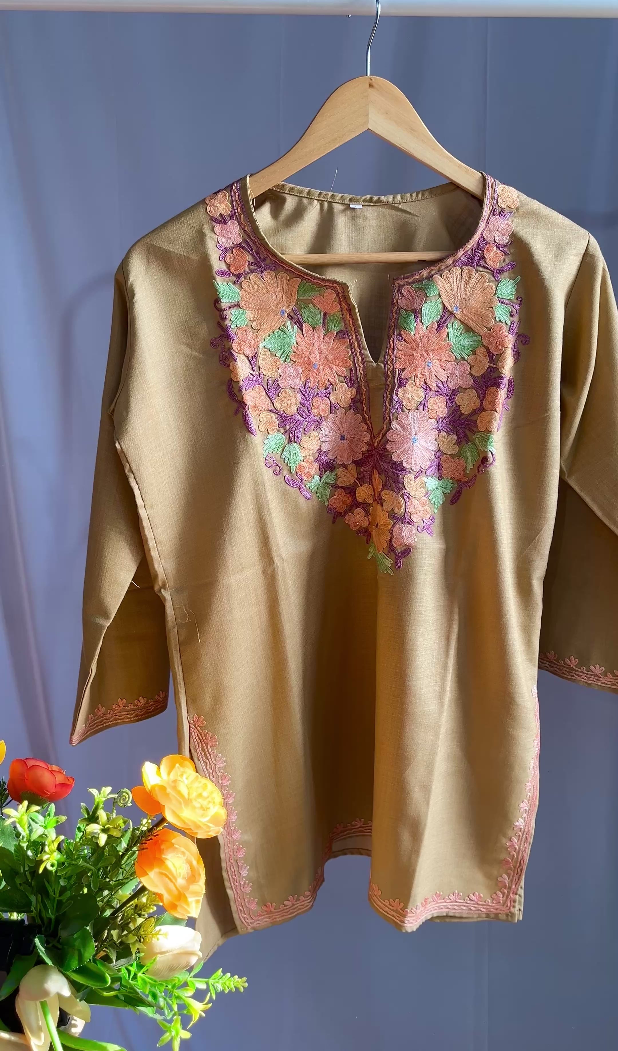 Kashmiri Ari embroidered Brown short Cotton kurti