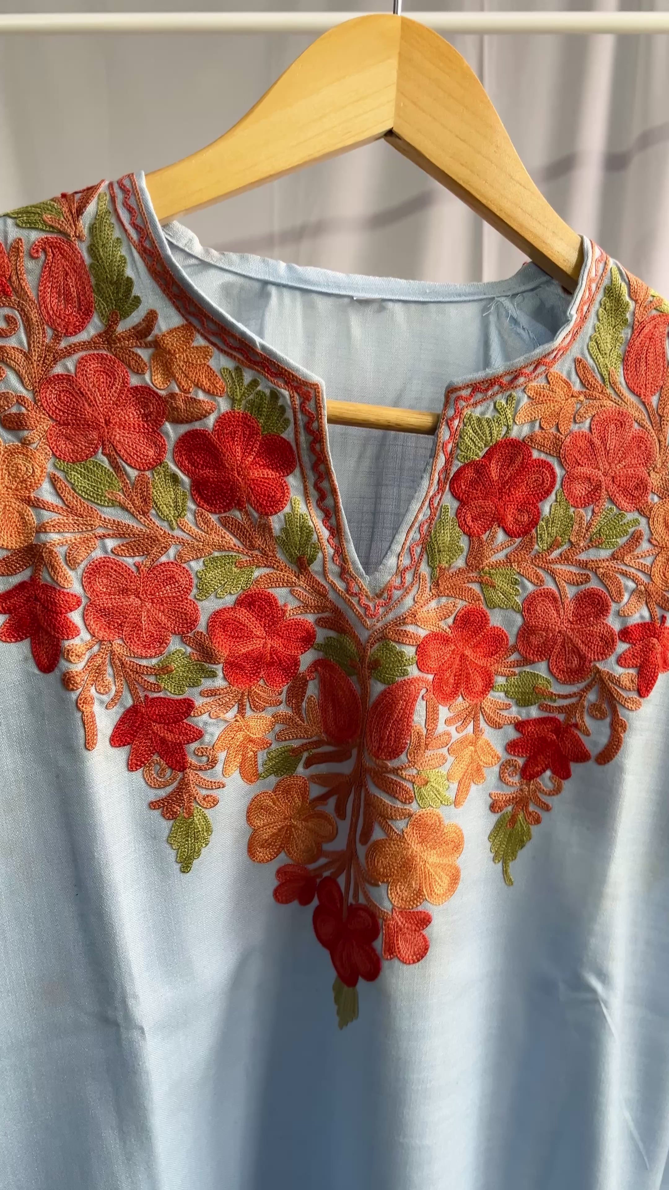 Kashmiri Ari Embroidered light blue long Cotton kurti