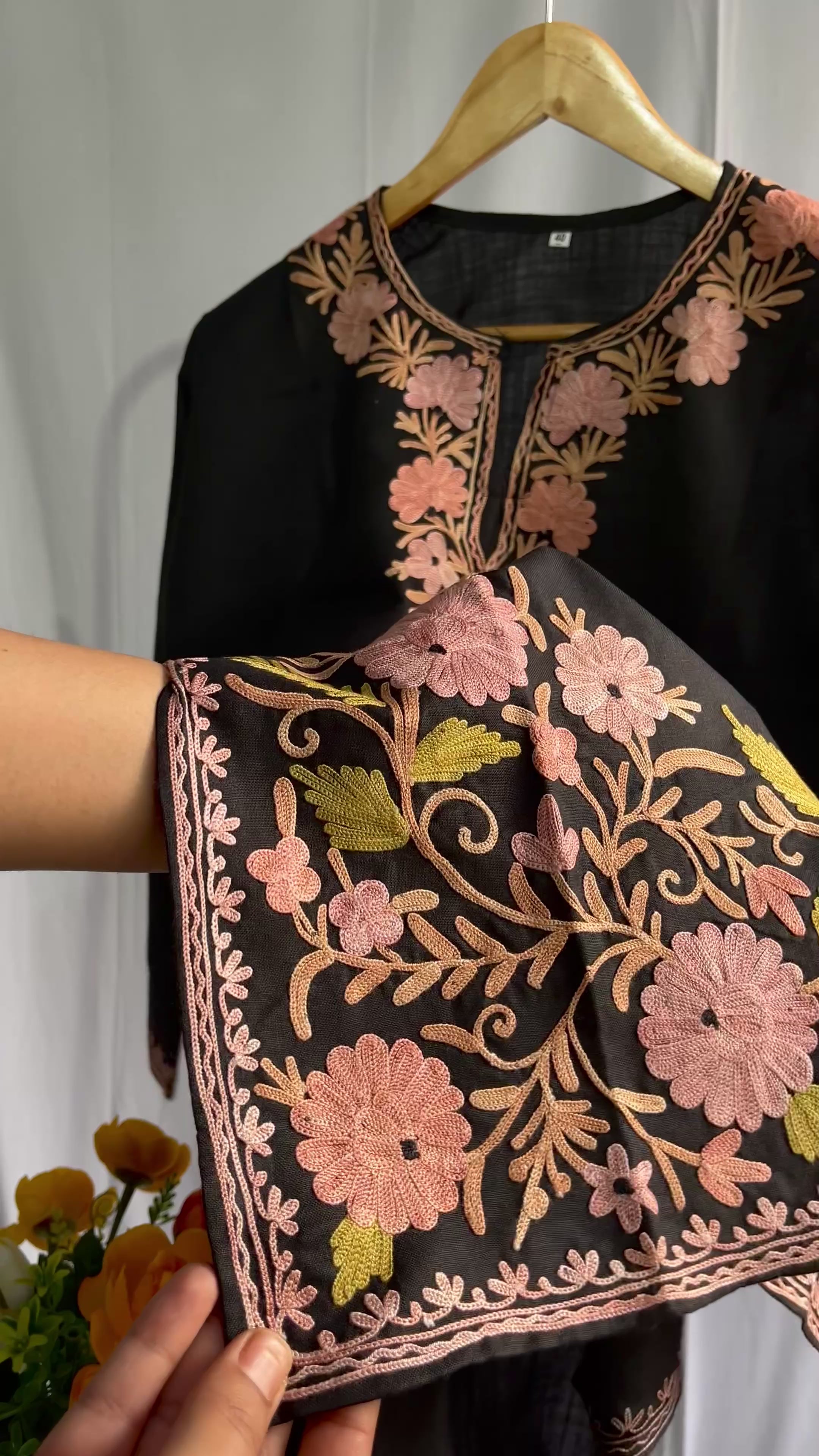 Kashmiri Ari Embroidered black long Cotton kurti