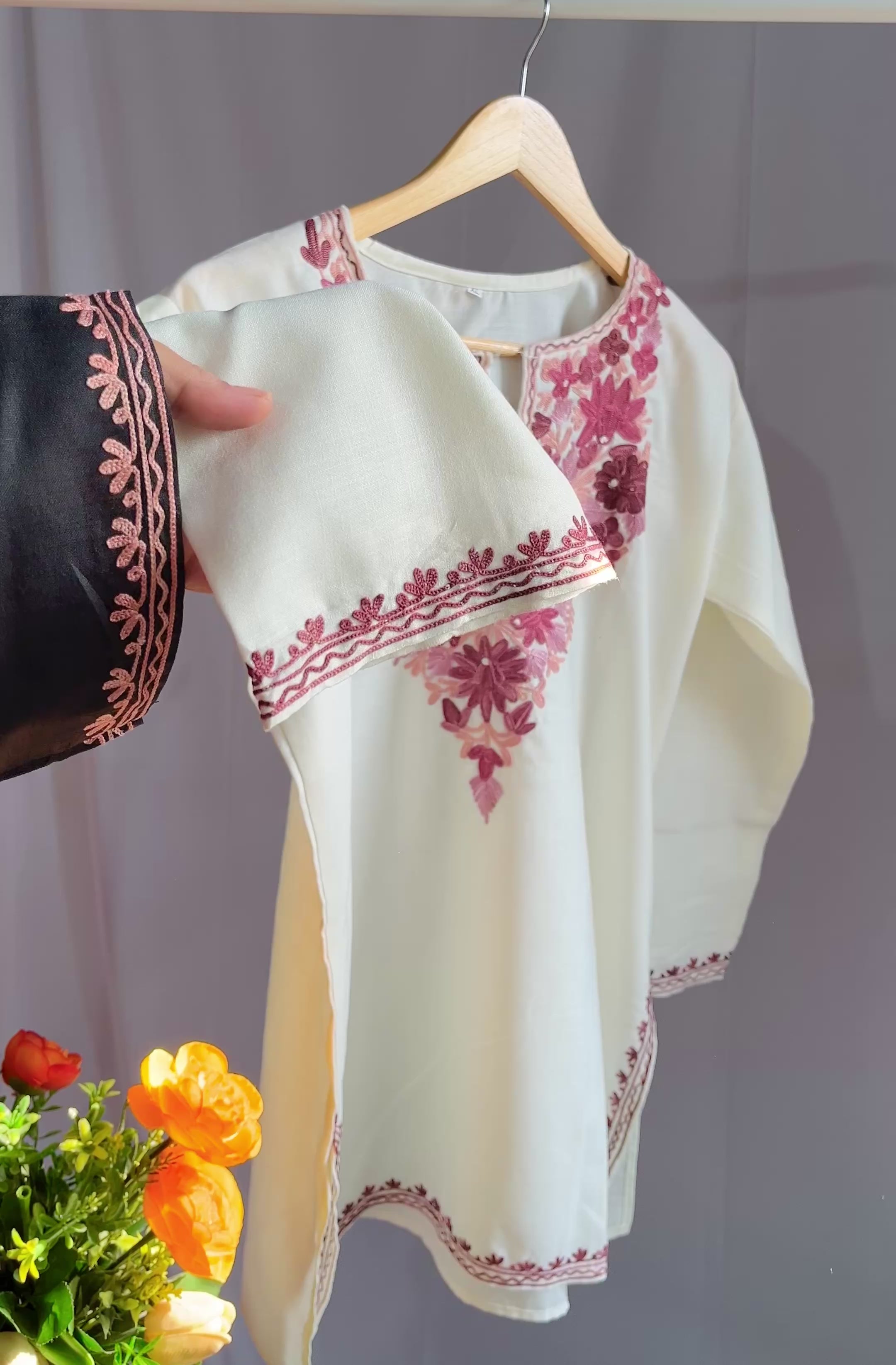 Kashmiri Ari Embroidered white short Cotton kurti