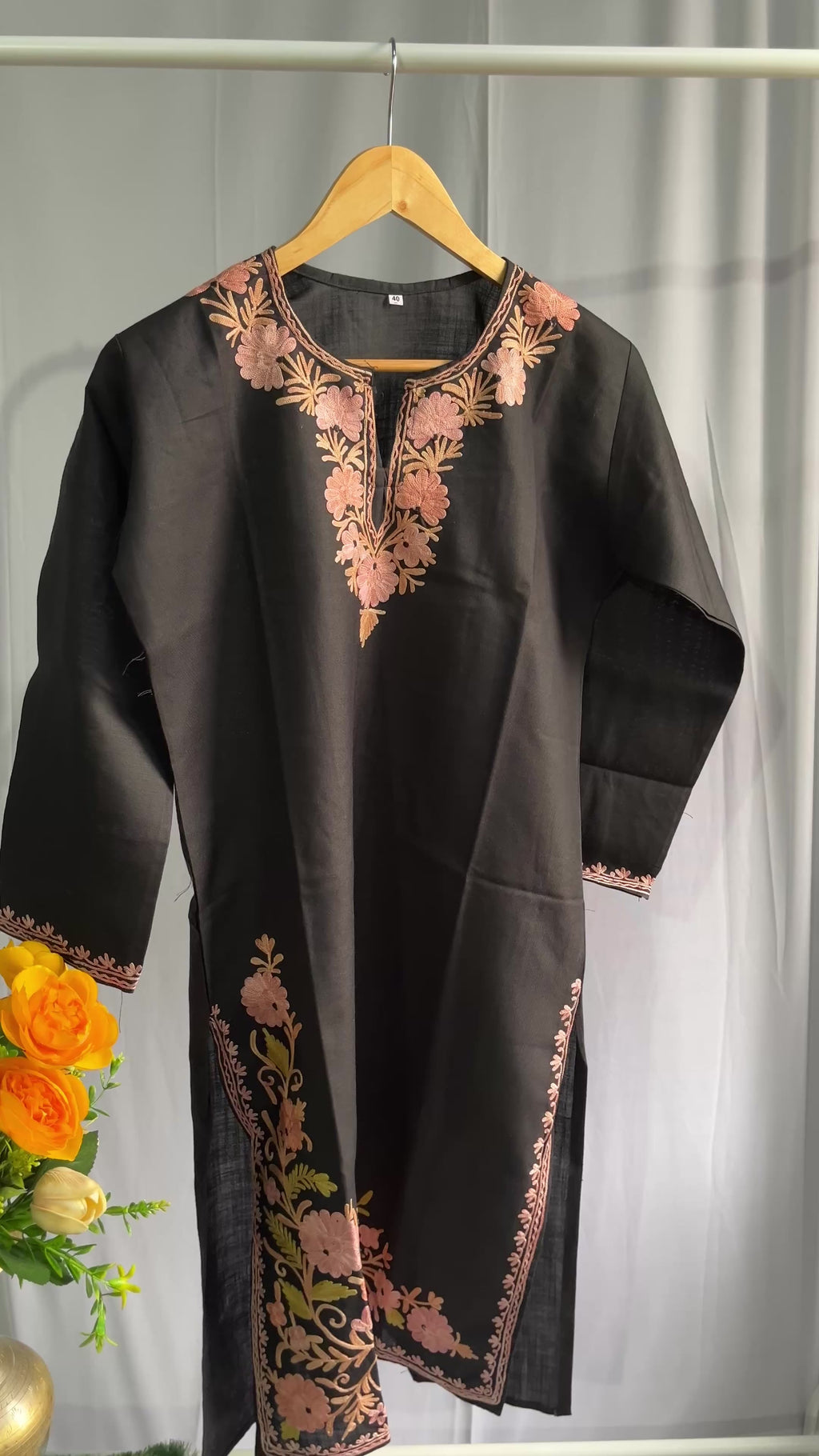 Kashmiri Ari Embroidered black long Cotton kurti